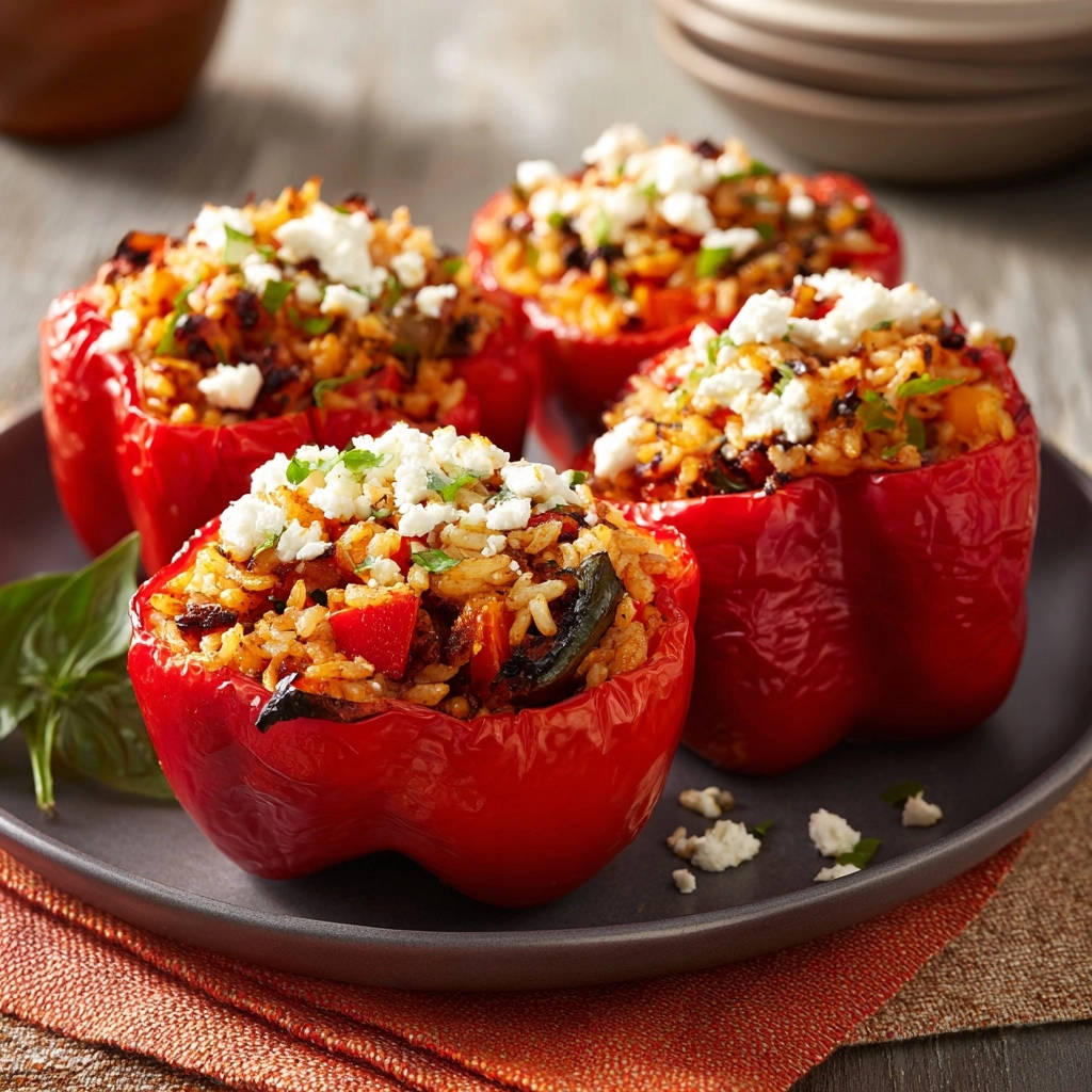Mediterrane gefüllte Paprika, serviert auf einem Teller und garniert mit zerbröseltem Feta-Käse und frischen Kräutern.