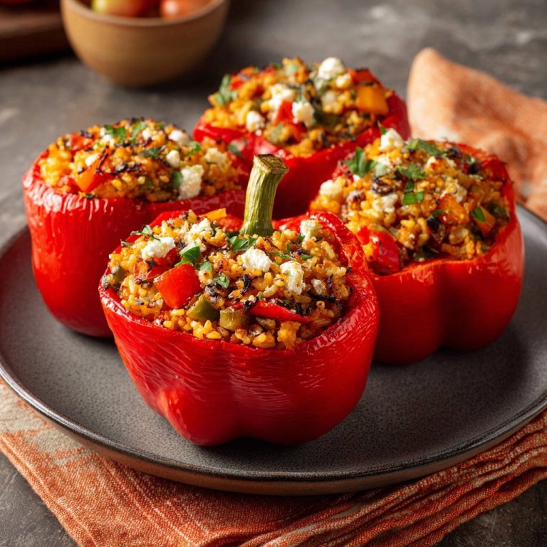 Mediterran gefüllte Paprika als Nahaufnahme auf einem Teller serviert, mit viel Füllung und Käse garniert.