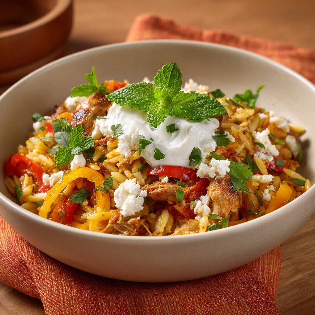 Mediterrane Orzo-Hähnchen-Bowl, garniert mit frischer Minze, Feta und einem Klecks Joghurt in einer Schüssel.