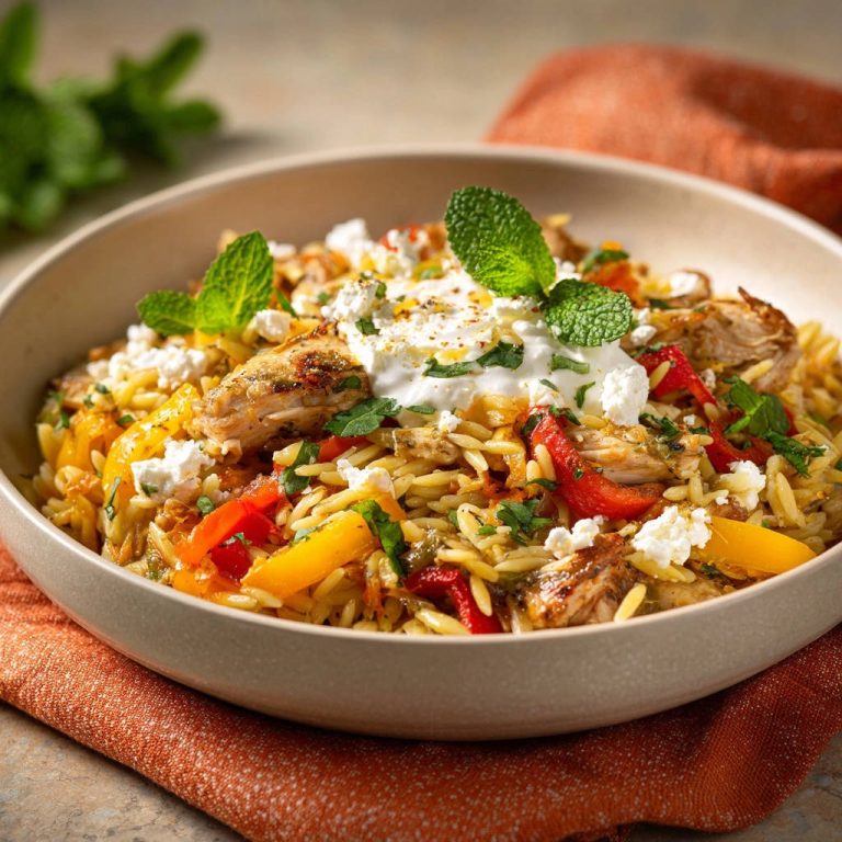 Mediterrane Orzo-Hähnchen-Bowl garniert mit Minze, Feta und einem Klecks Joghurt, Nahaufnahme der servierten Portion.