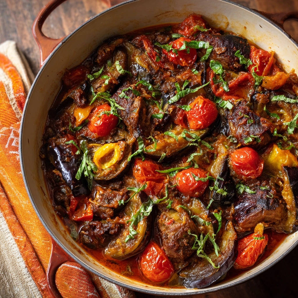 Mediterraner Schmorfleisch-Topf mit Aubergine in einer braunen Emaille-Pfanne von oben betrachtet, mit frischen Kräutern garniert.