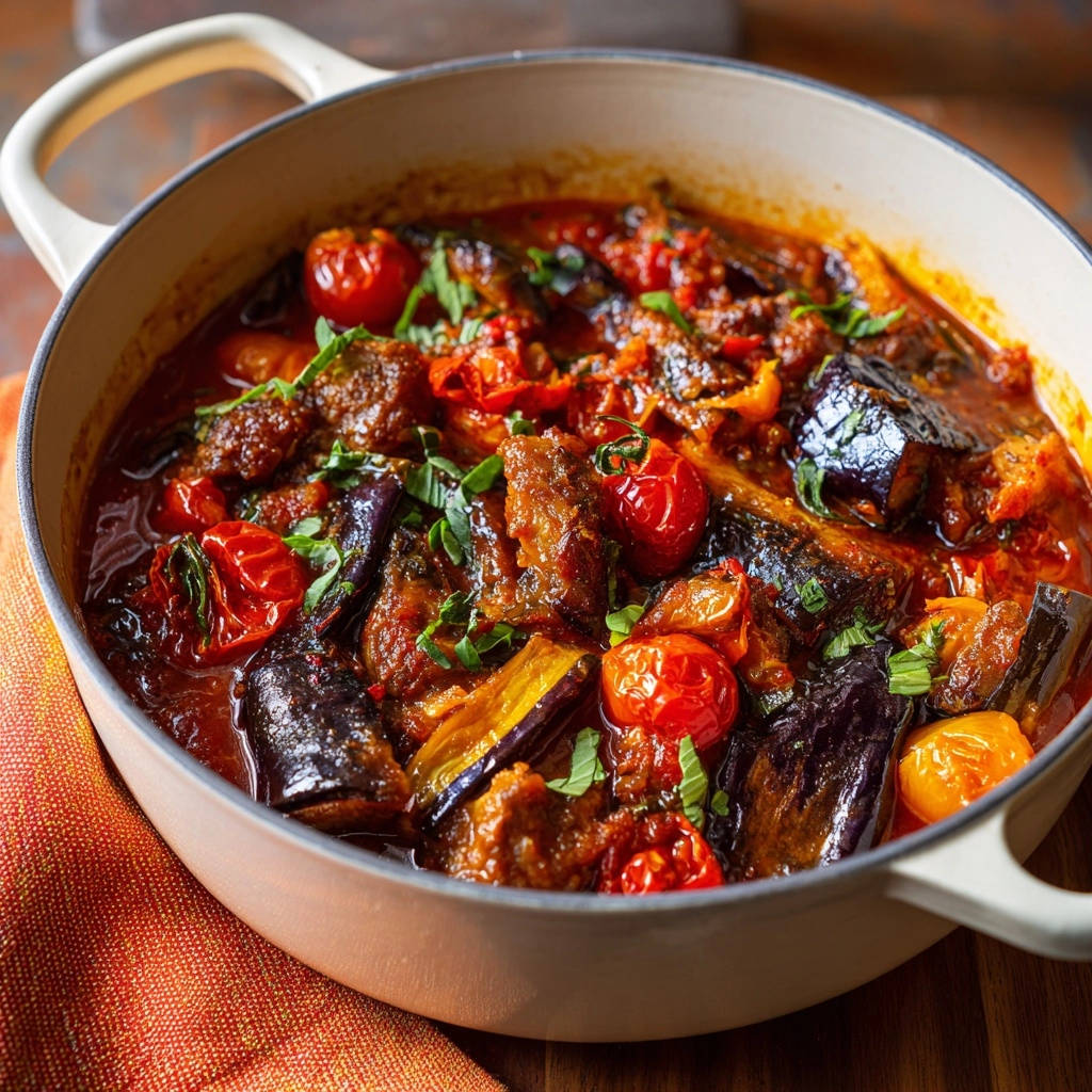 Mediterraner Schmorfleisch-Topf mit Aubergine als Nahaufnahme in einem Kochtopf, mit Kirschtomaten und Kräutern garniert.