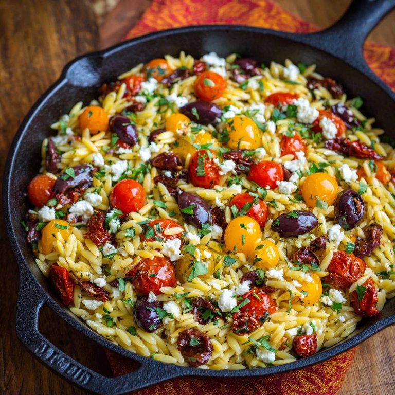 Mittelmeer-Orzo aus der Gusseisenpfanne, nahaufnahme mit Kirschtomaten, Oliven und Feta
