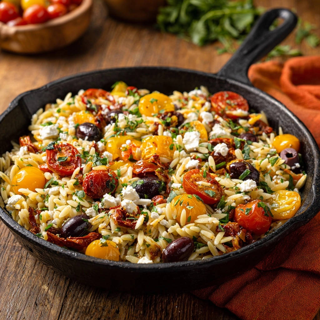 Mittelmeer-Orzo aus der Gusseisenpfanne, nah aufgenommen mit Käsewürfeln, Oliven und Kirschtomaten.
