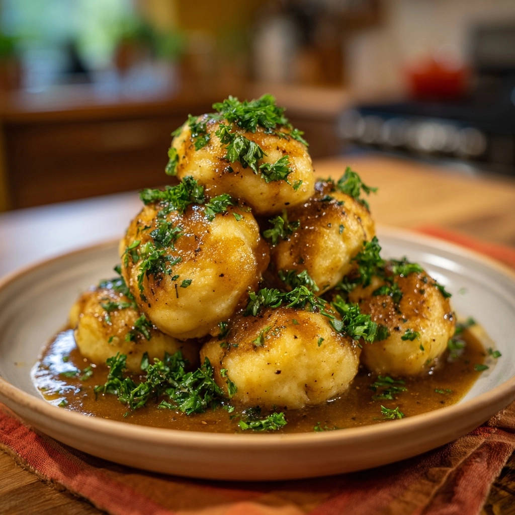 Omas herzhafte Kartoffelknödel werden mit frischer Petersilie und einer köstlichen Sauce garniert serviert.