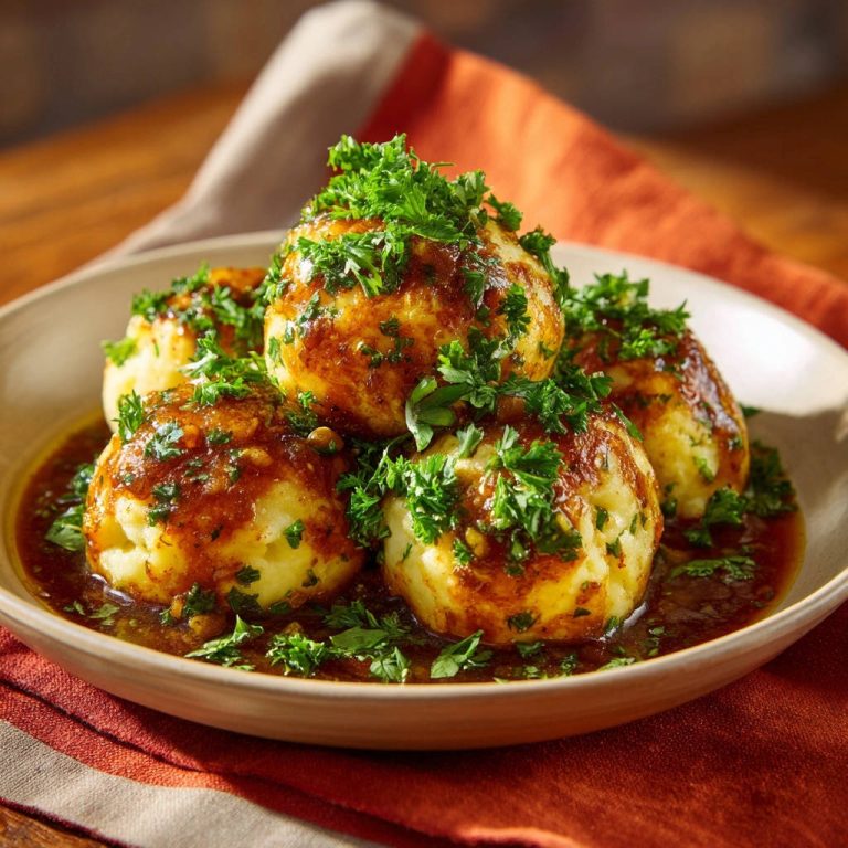 Omas herzhafte Kartoffelknödel, serviert in Sauce und garniert mit frischer Petersilie