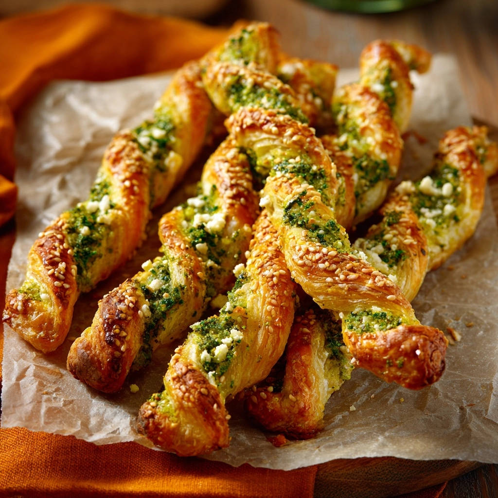 Pesto-Käse-Blätterteigstangen sind knusprig und mit Sesam bestreut, eine Nahaufnahme zeigt die Textur und Füllung.