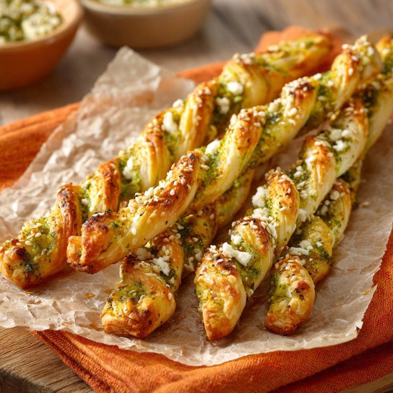 Pesto-Käse-Blätterteigstangen sind knusprig gebacken und mit zerbröckeltem Käse und Sesam bestreut, nahaufnahme.