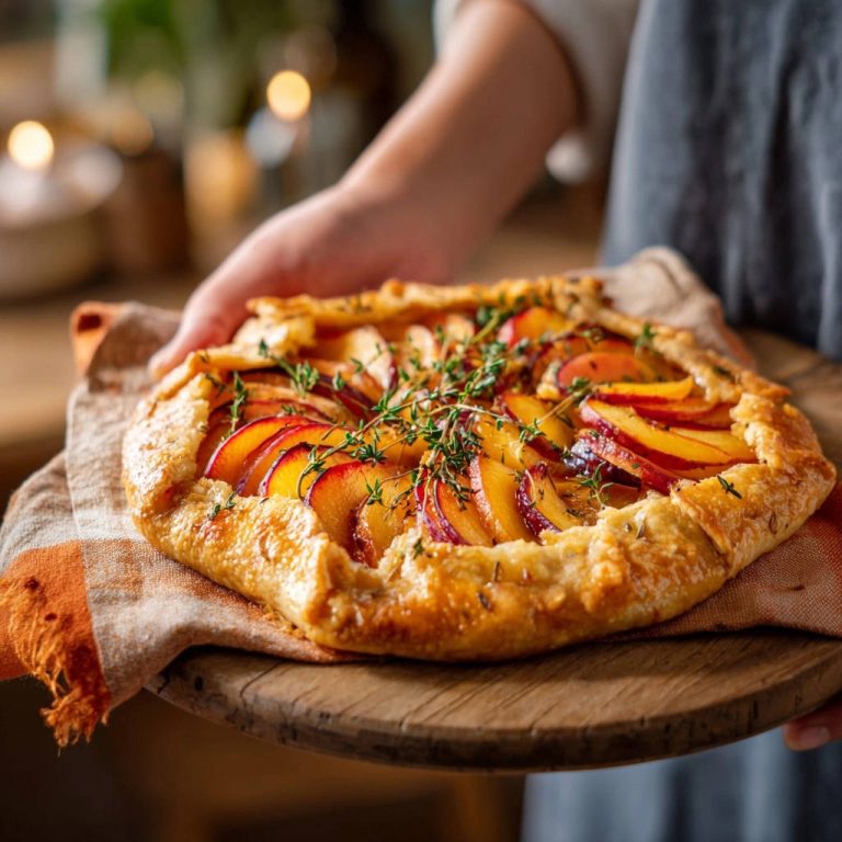Rustikale Pfirsich-Galette mit Thymian, garniert mit frischen Kräutern und auf einem Holzbrett präsentiert.