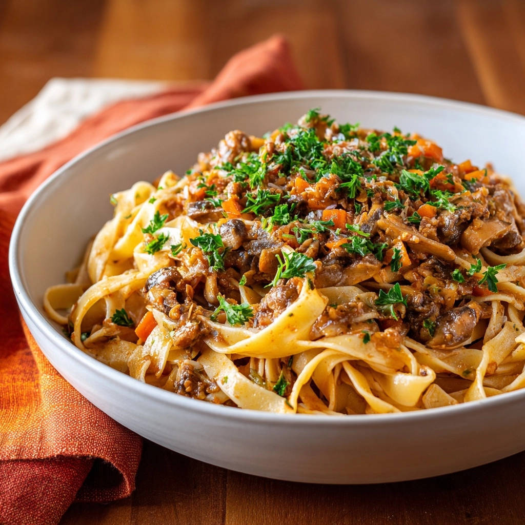 Cremige Pilz-Tagliatelle mit frischer Petersilie und karamellisierten Zwiebeln garniert, serviert in einer weißen Schüssel.
