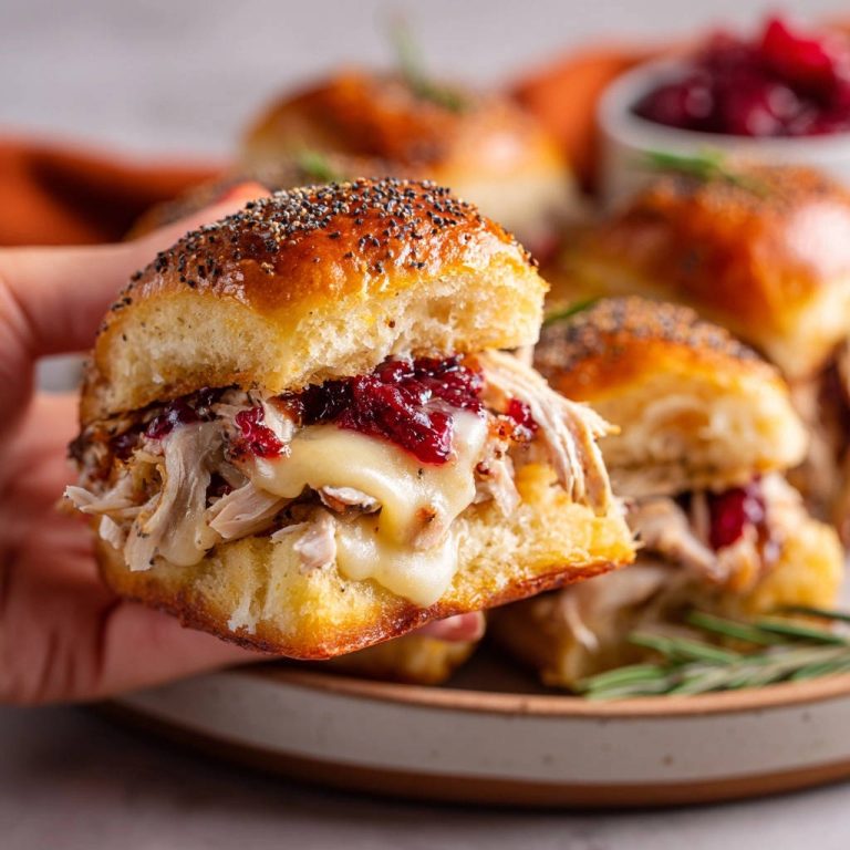 Saftige Puten-Slider mit Cranberry und Käse, Nahaufnahme, wie sie in einer Hand gehalten werden, mit geschmolzenem Käse und Cranberry-Sauce.