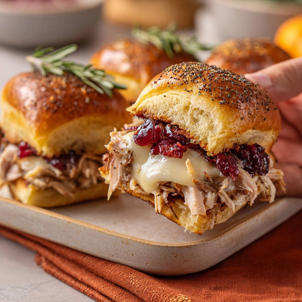 Saftige Puten-Slider mit Cranberry und Käse, hier als Anschnitt gezeigt, um das geschmolzene Innere zu enthüllen.