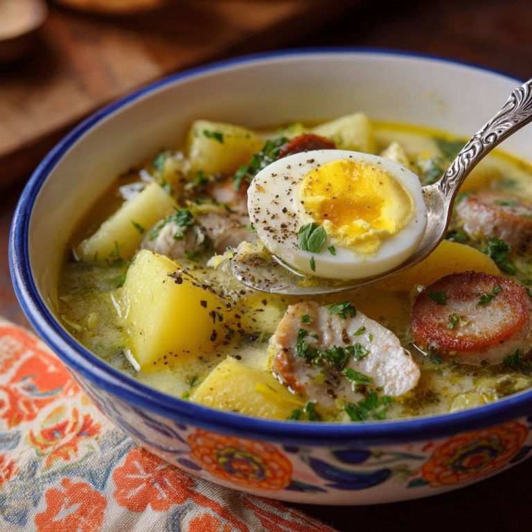 Herzhafte Rahmsuppe mit Fisch und Kartoffeln, serviert mit einem Löffel, der ein gekochtes Ei zeigt.