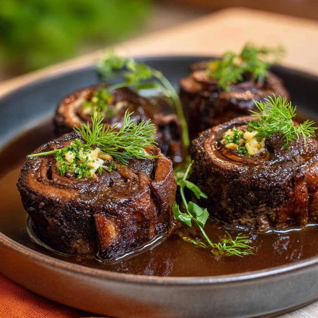 Zarte Rinder-Schmorröllchen mit frischer Kräuter-Knoblauch-Garnitur in dunkler Sauce serviert