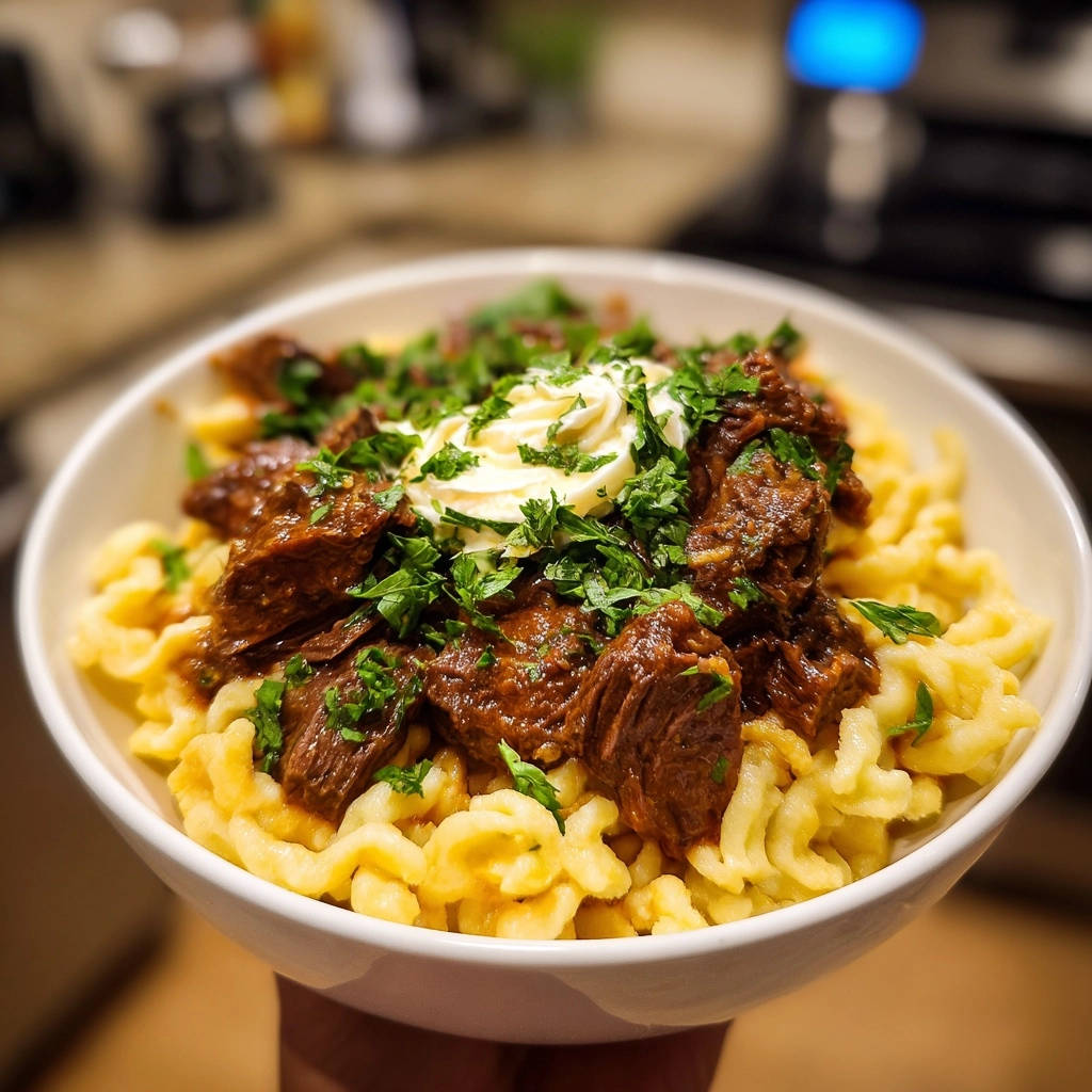 Deftiges Rindergulasch mit Spätzle, garniert mit frischer Petersilie und einem Klecks Sour Cream.
