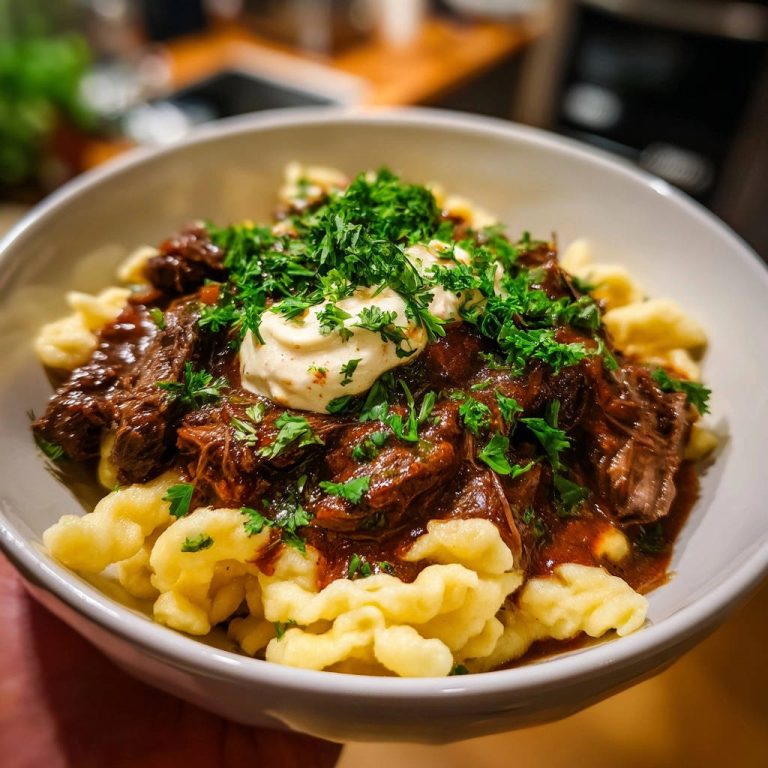 Deftiges Rindergulasch mit Spätzle, garniert mit frischer Petersilie und einem Klecks Sahne, serviert in einer Schüssel.