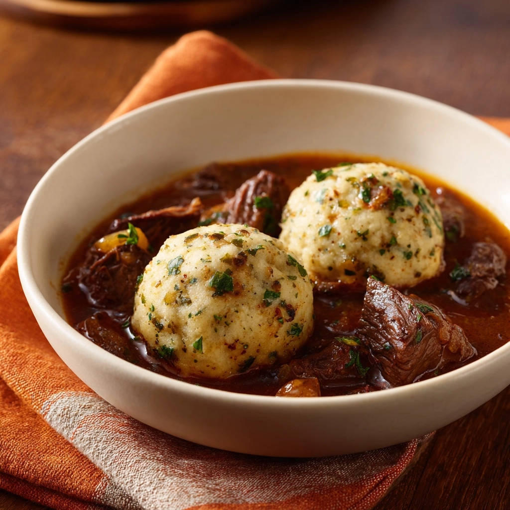 Deftiger Rindergulasch mit fluffigen Semmelknödeln als Nahaufnahme in einer weißen Schüssel auf einem Küchentuch.