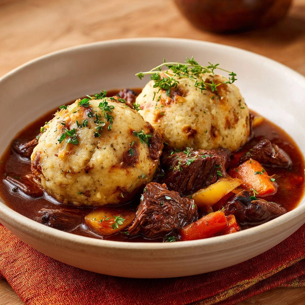 Deftiger Rindergulasch mit fluffigen Semmelknödeln, nahaufnahme serviert in einer Schüssel mit Karotten und Kräutern garniert.