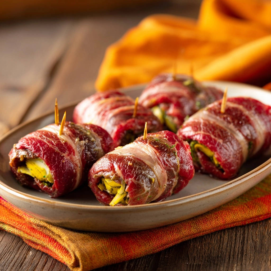 Zarte Rinderrouladen-Häppchen mit herzhafter Füllung, nahaufnahme auf einem Teller mit Zahnstochern, saftig und aromatisch.