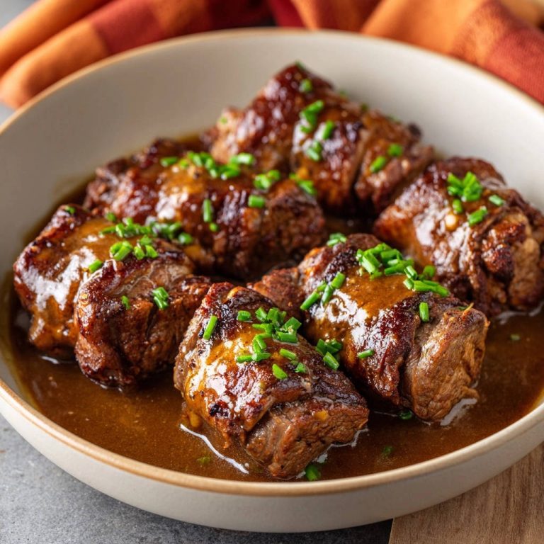 Saftige Rinderschmorstücke mit Sauce, garniert mit frischen Schnittlauchstückchen in einer Schüssel serviert.
