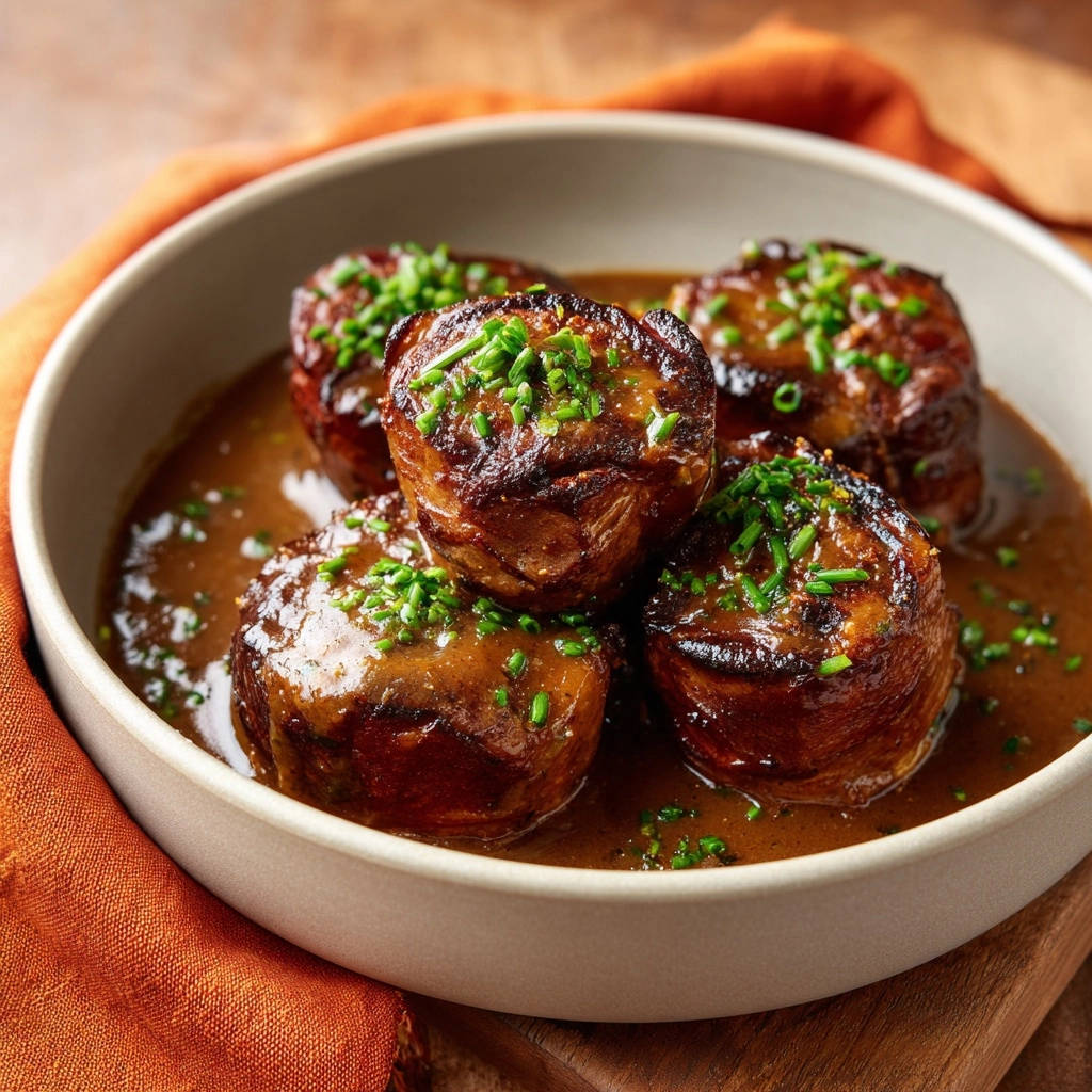 Saftige Rinderschmorstücke mit Kresse garniert, serviert in einer Schüssel mit brauner Sauce.