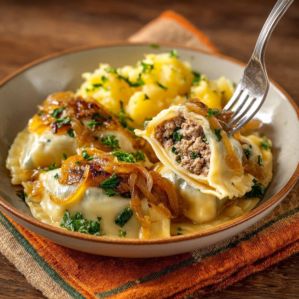 Hausgemachte Rindfleisch-Spinat-Piroggen mit Röstzwiebeln, hier angeschnitten mit Gabel, zeigt die herzhafte Füllung.