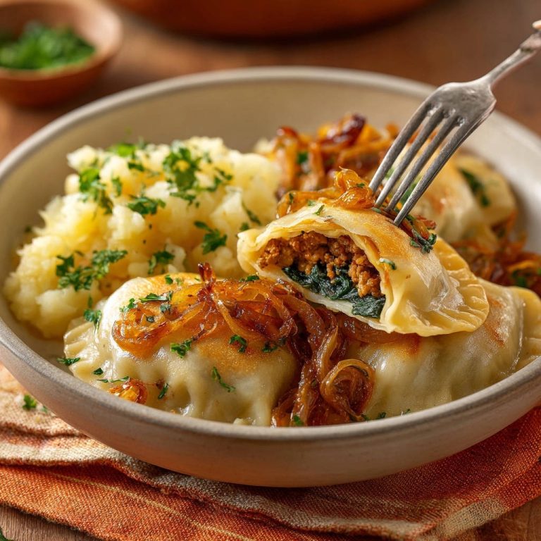Hausgemachte Rindfleisch-Spinat-Piroggen mit Röstzwiebeln, angeschnitten und mit einer Gabel herausgenommen, um die Füllung zu zeigen.