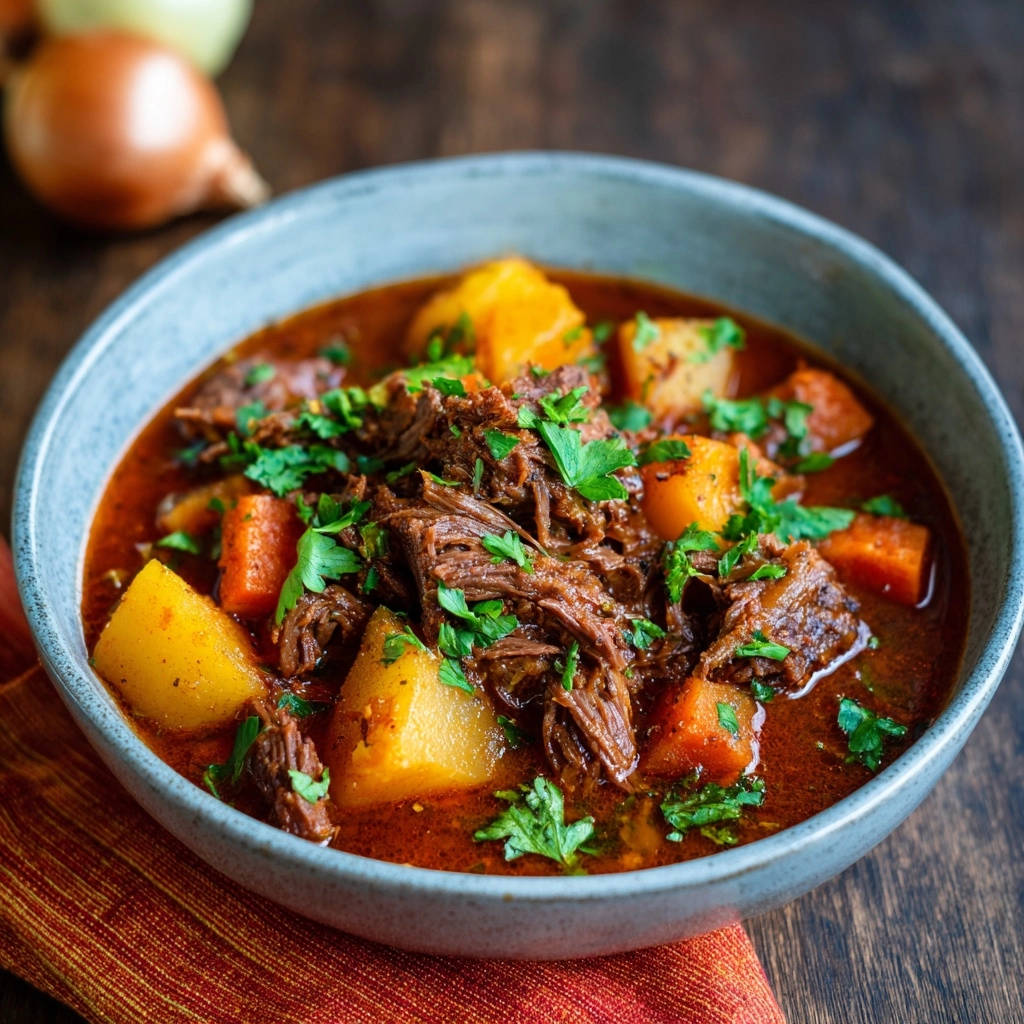 Herzhaftes Rindfleischgulasch mit Kartoffeln in einer Schüssel, garniert mit frischer Petersilie, Nahaufnahme.