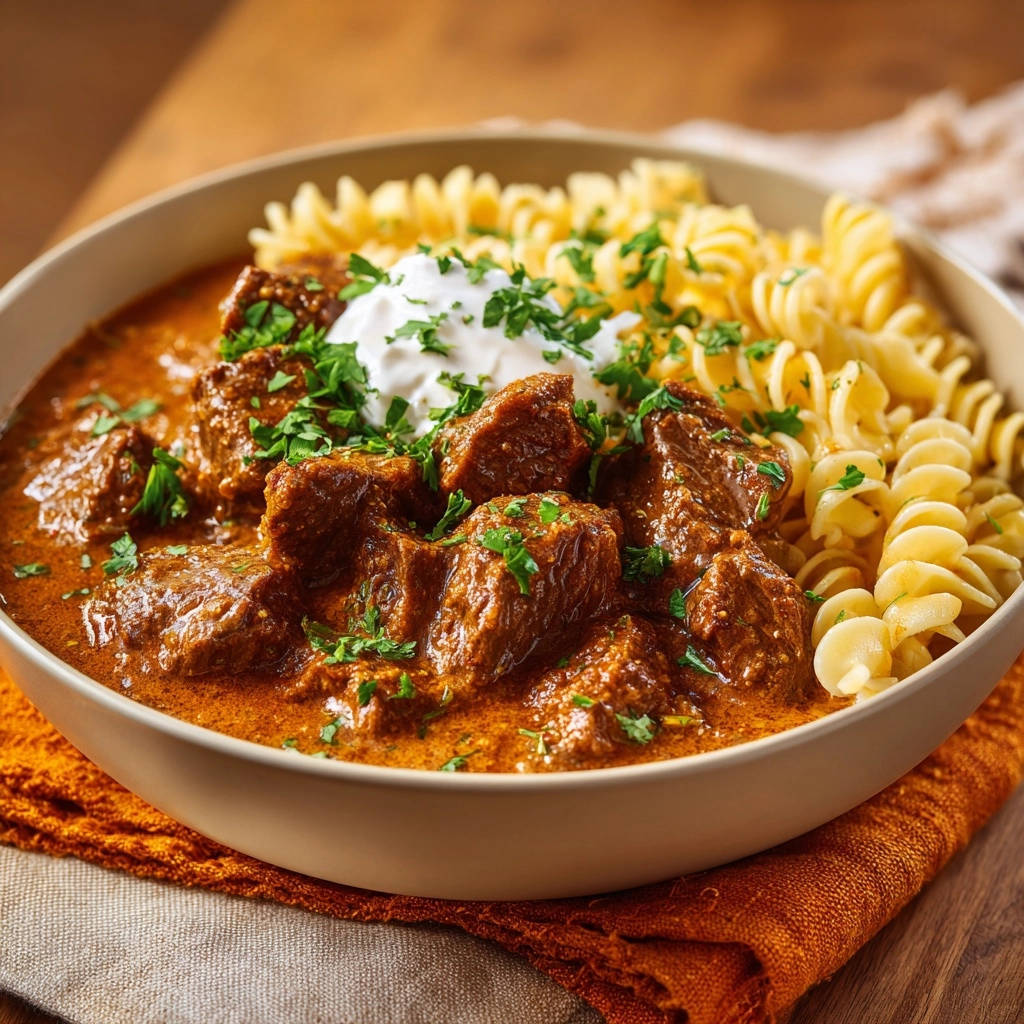 Herzhaftes Rindsgulasch mit Fusilli, garniert mit frischer Petersilie und einem Klecks Sauerrahm.