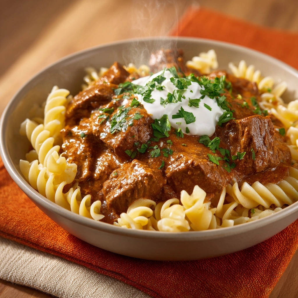 Herzhaftes Rindsgulasch mit Fusilli, garniert mit einem Klecks Creme und frischer Petersilie, Dampf steigt auf.