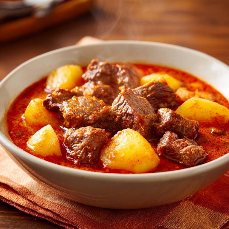 Herzhaftes Rindsgulasch mit Kartoffeln, dampfend heiss in einer Schüssel serviert, voller Aroma und zarter Fleischstücke.