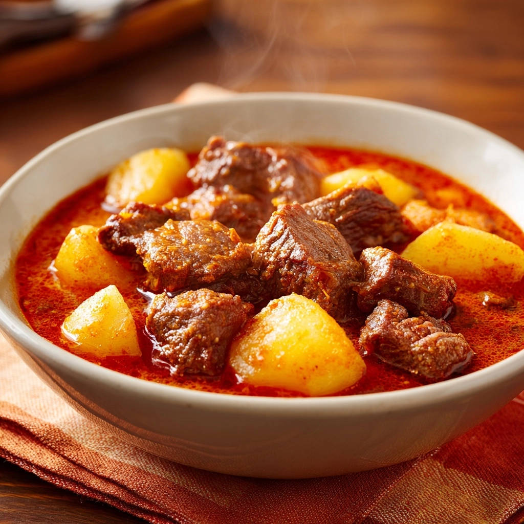 Herzhaftes Rindsgulasch mit Kartoffeln, dampfend heiss in einer Schüssel serviert, voller Aroma und zarter Fleischstücke.