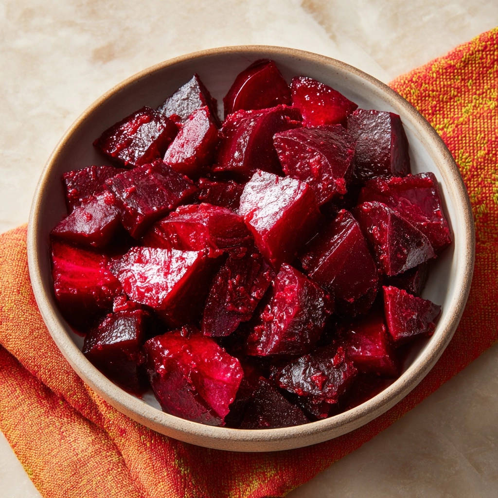 Rote Bete Würfel mit feiner Note als Nahaufnahme, die die glänzende Textur und die würfelige Form zeigen.