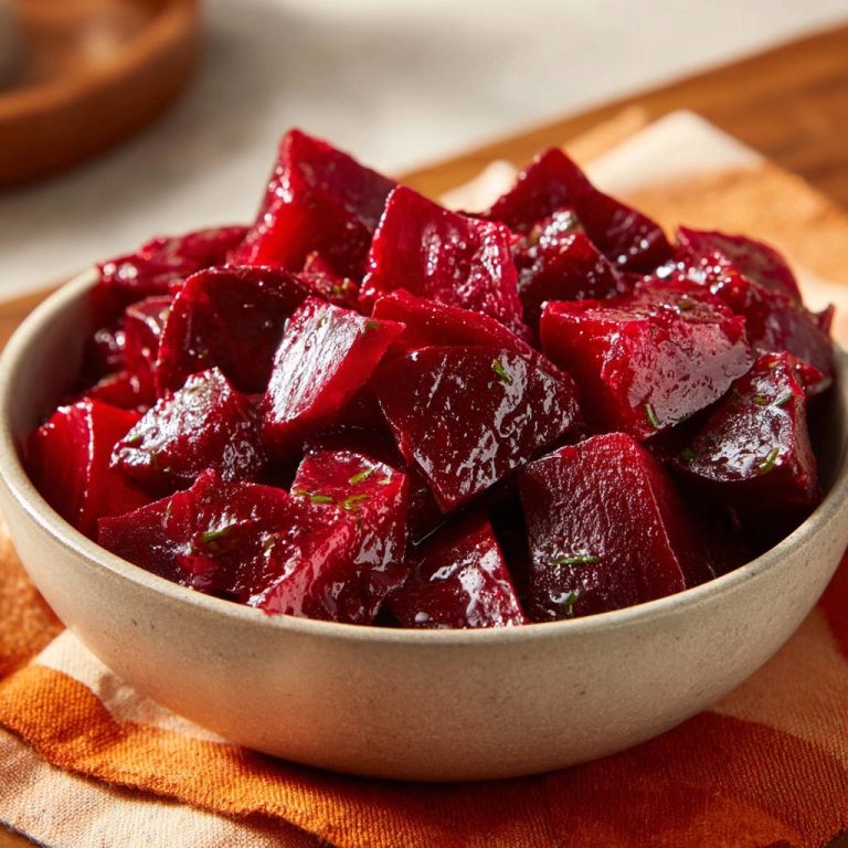 Rote Bete Würfel mit feiner Note als Nahaufnahme mit sichtbaren Kräutern und glänzendem Dressing.