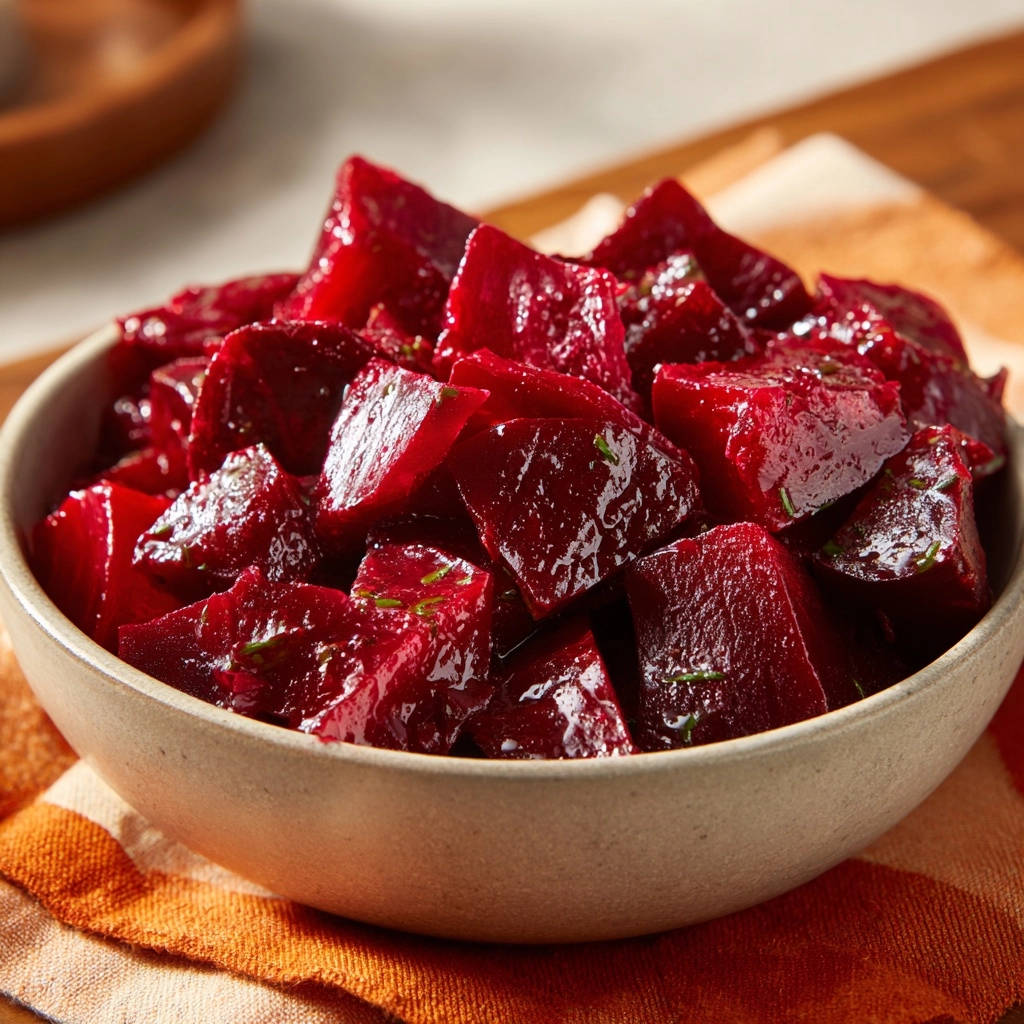 Rote Bete Würfel mit feiner Note als Nahaufnahme mit sichtbaren Kräutern und glänzendem Dressing.