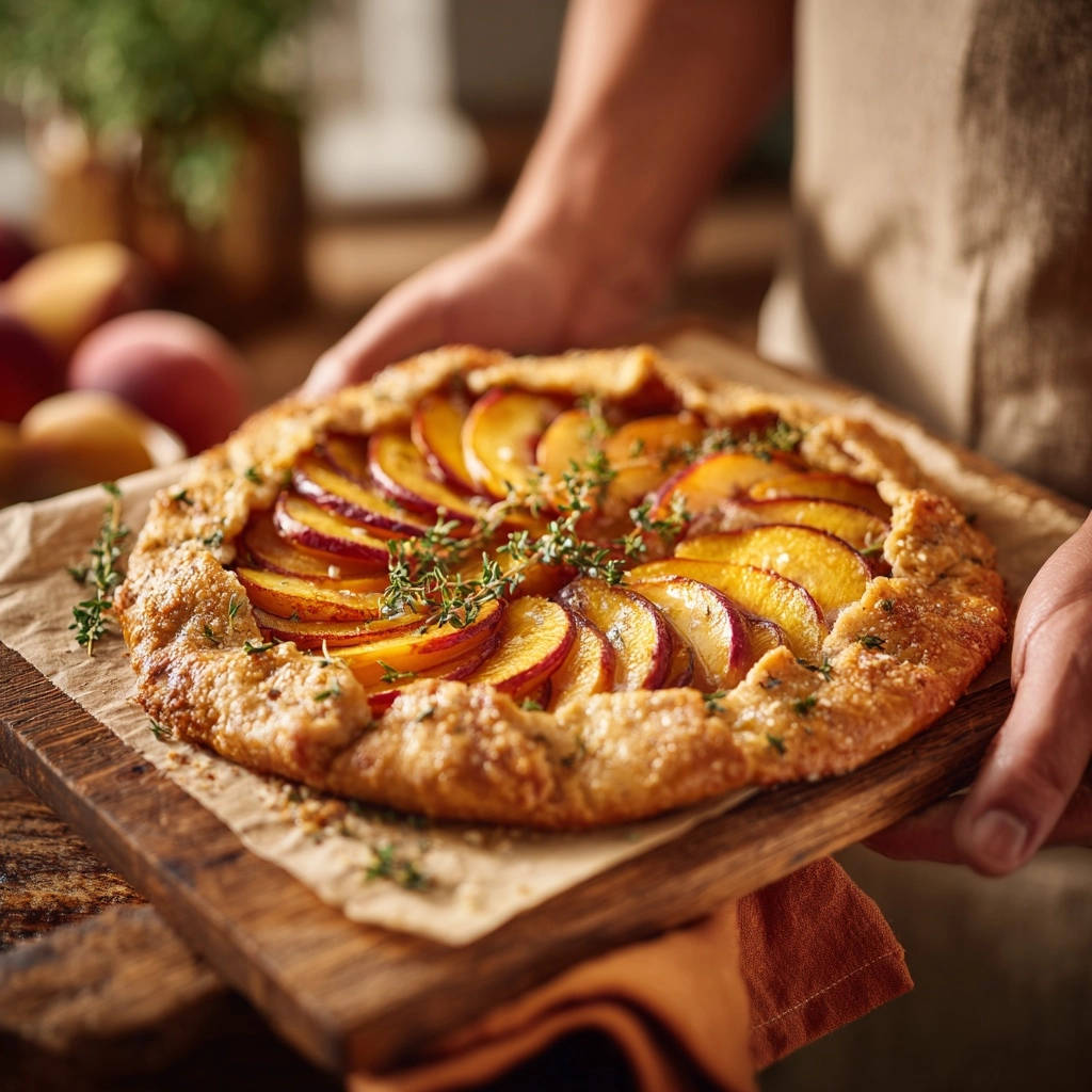 Rustikale Pfirsich-Galette mit Thymian, kunstvoll garniert mit frischen Kräutern und detailreicher Kruste.