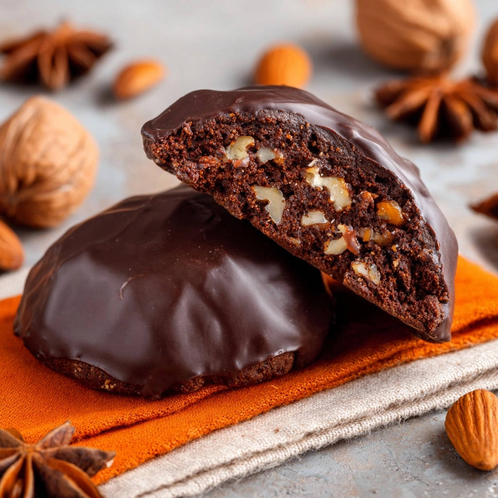 Saftige Elisen-Lebkuchen angeschnitten, zeigen die nussige Füllung und den schokoladigen Überzug auf einem orangen Tuch.