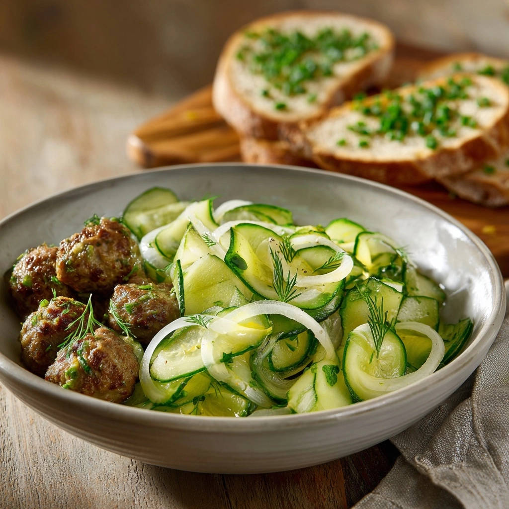 Saftige Frikadellen mit Dill-Gurkensalat als Nahaufnahme in einer Schüssel, garniert mit Dill.