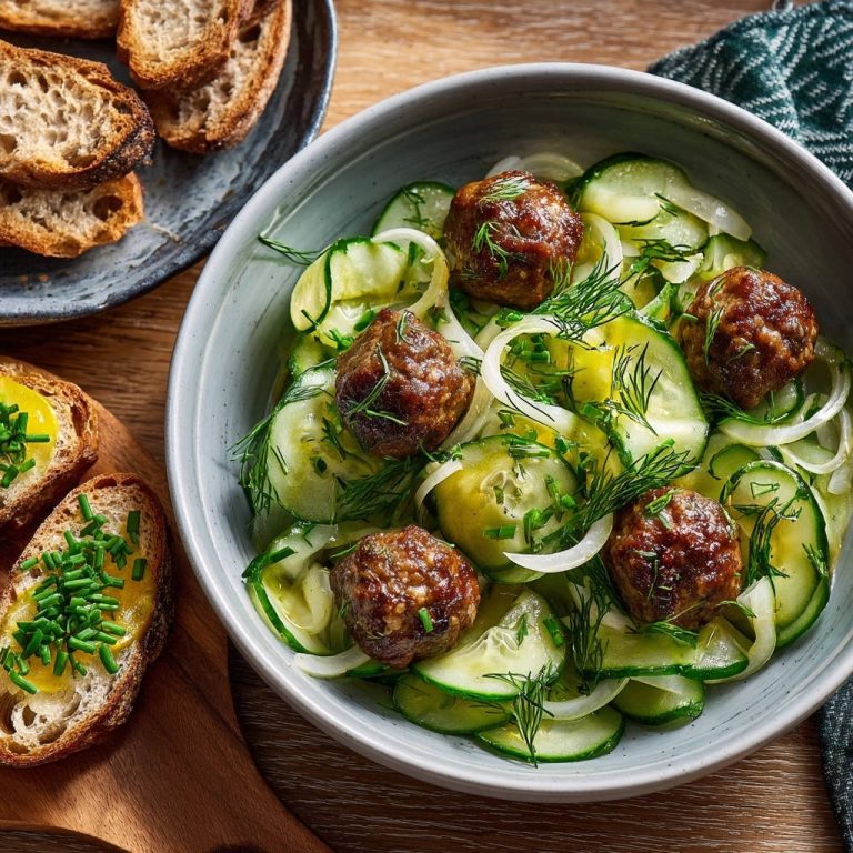 Saftige Frikadellen mit Dill-Gurkensalat in einer Schüssel, garniert mit frischen Kräutern und Zwiebelringen.