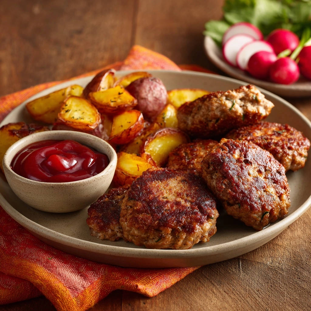 Saftige Frikadellen mit knusprigen Ofenkartoffeln und Ketchup auf einem Teller serviert.