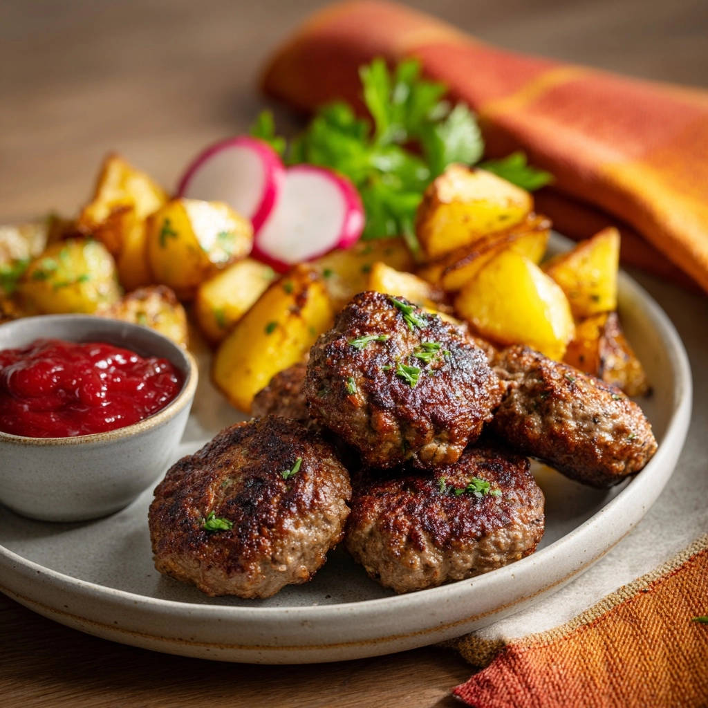 Saftige Frikadellen mit Knusper-Ofenkartoffeln, serviert mit Ketchup und Radieschen, eine Nahaufnahme des Tellers.