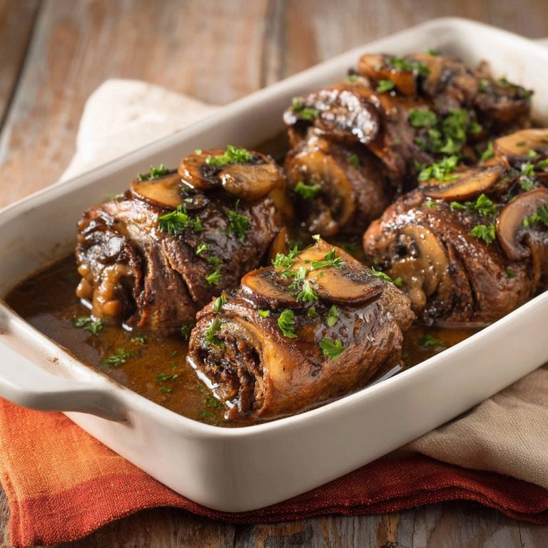 Saftige Rinderrouladen mit Pilzsoße, nah aufgenommen in einer weißen Auflaufform, garniert mit Petersilie.