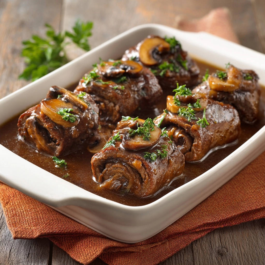 Saftige Rinderrouladen mit Pilzsoße in einer Auflaufform, garniert mit frischer Petersilie und Champignons.