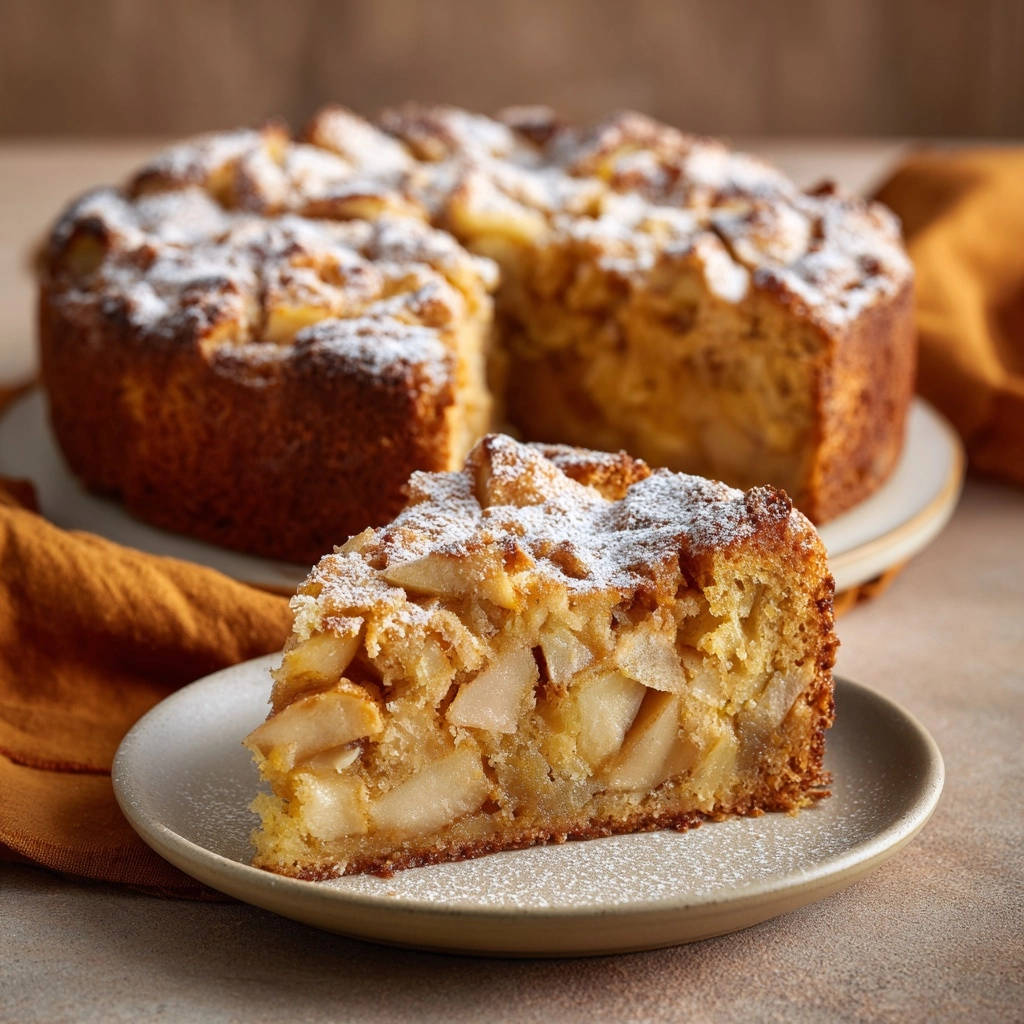 Saftiger Apfelkuchen nach Omas Art als angeschnittene Scheibe auf einem Teller, mit Puderzucker bestäubt