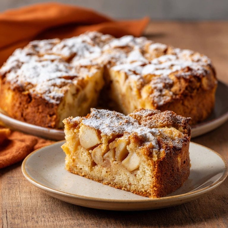 Saftiger Apfelkuchen nach Omas Art als angeschnittene Scheibe auf einem Teller, mit Puderzucker bestäubt und detailreich im Inneren sichtbar.