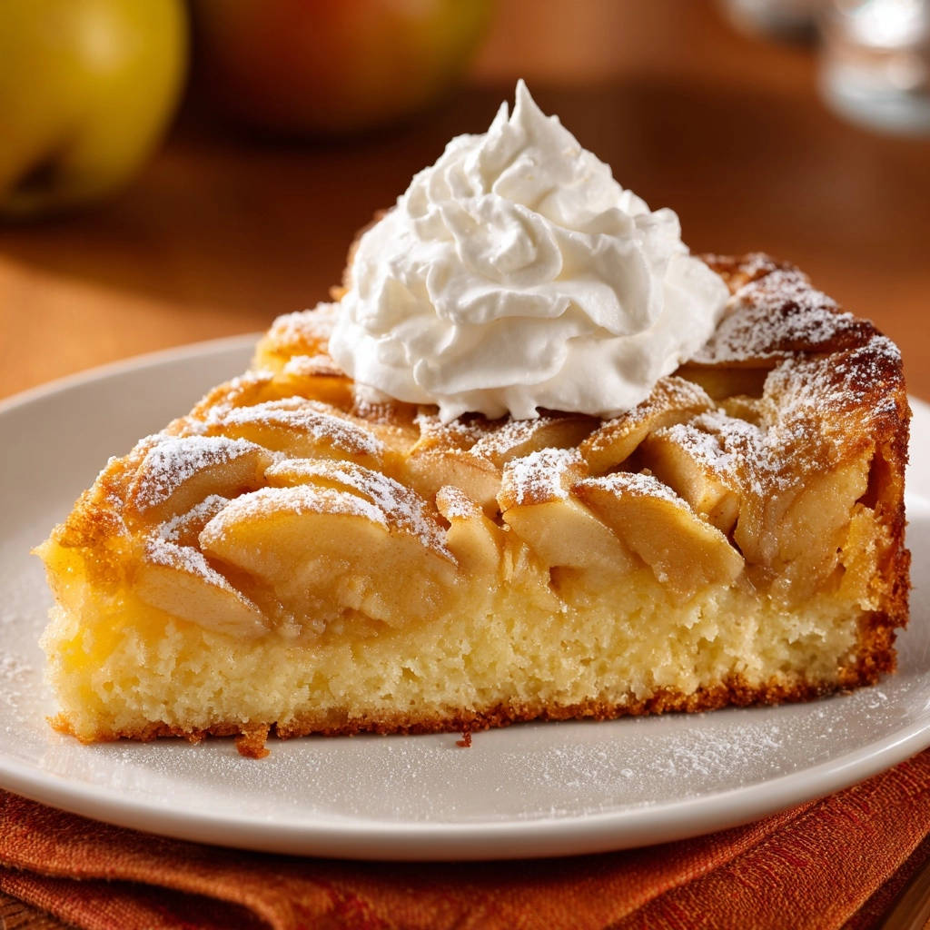 Saftiger Apfelkuchen vom Blech angeschnitten mit einem Klecks Sahne und Puderzucker bestäubt.