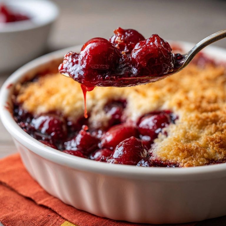 Saftiger Kirsch-Crumble mit sämiger Füllung, eine Löffelportion mit tropfender Kirschsauce wird aus der Auflaufform gehoben.