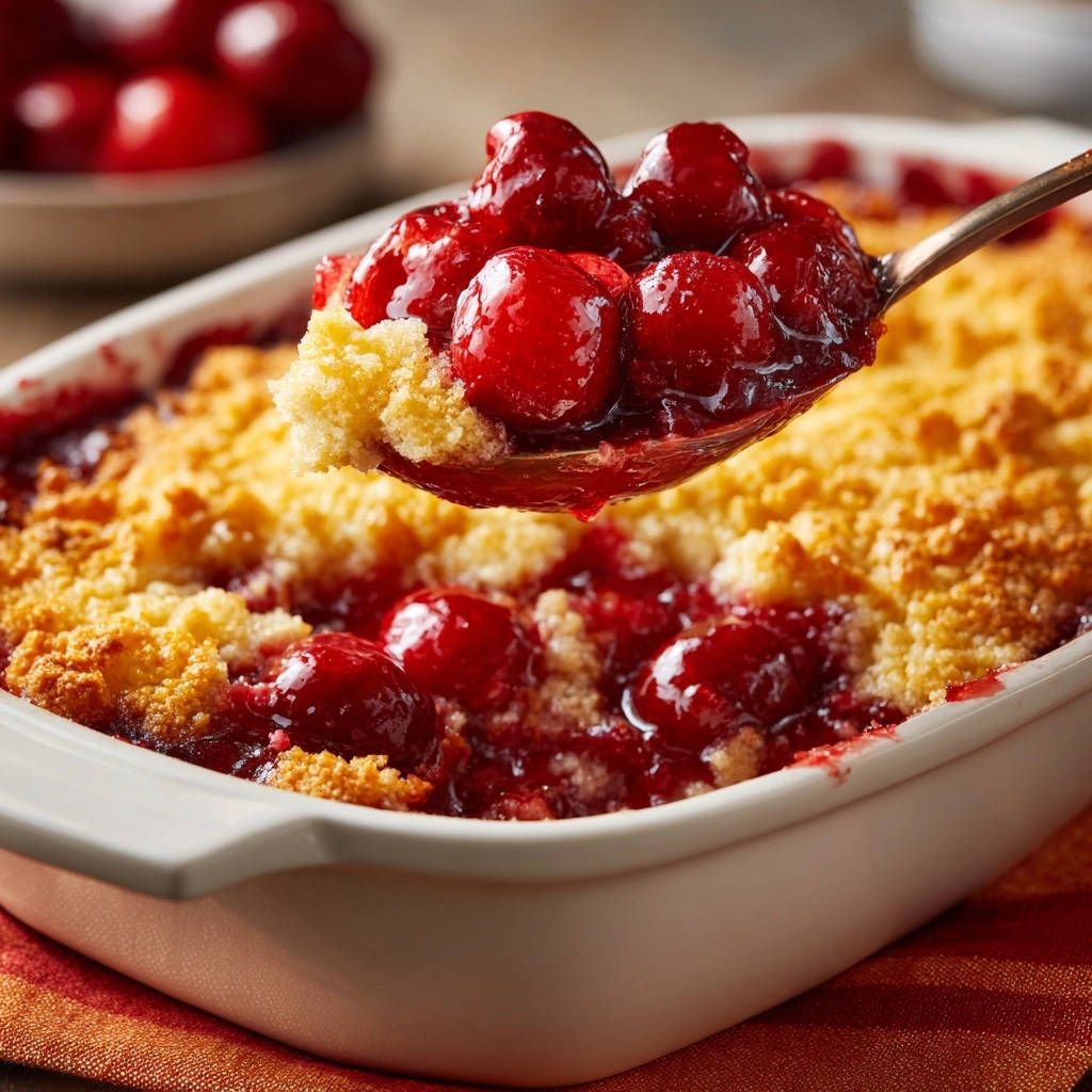 Saftiger Kirsch-Crumble, eine Löffelportion mit Kirschen und Teig aus der Auflaufform, nah aufgenommen