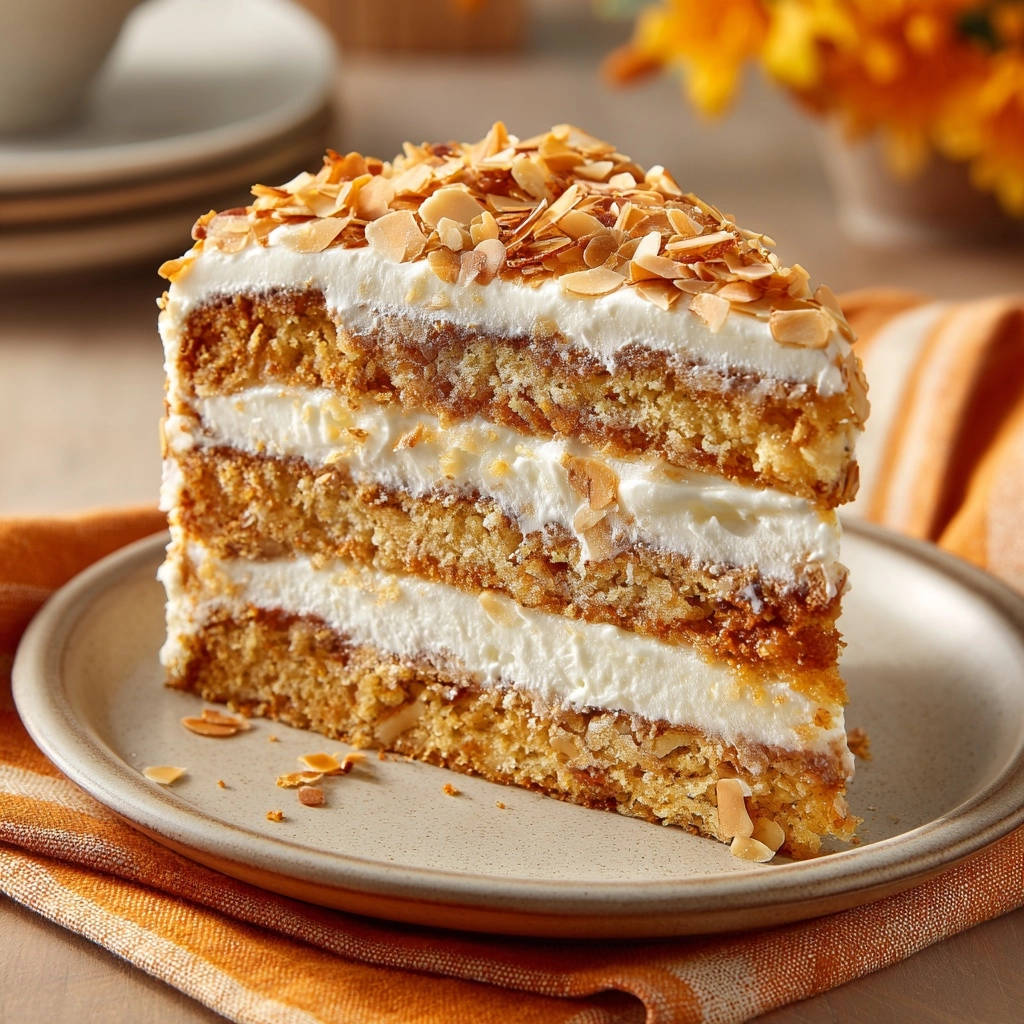 Saftiger Mandelkuchen mit Frischkäse-Creme als Anschnitt, der die vielen Schichten und die cremige Füllung zeigt.