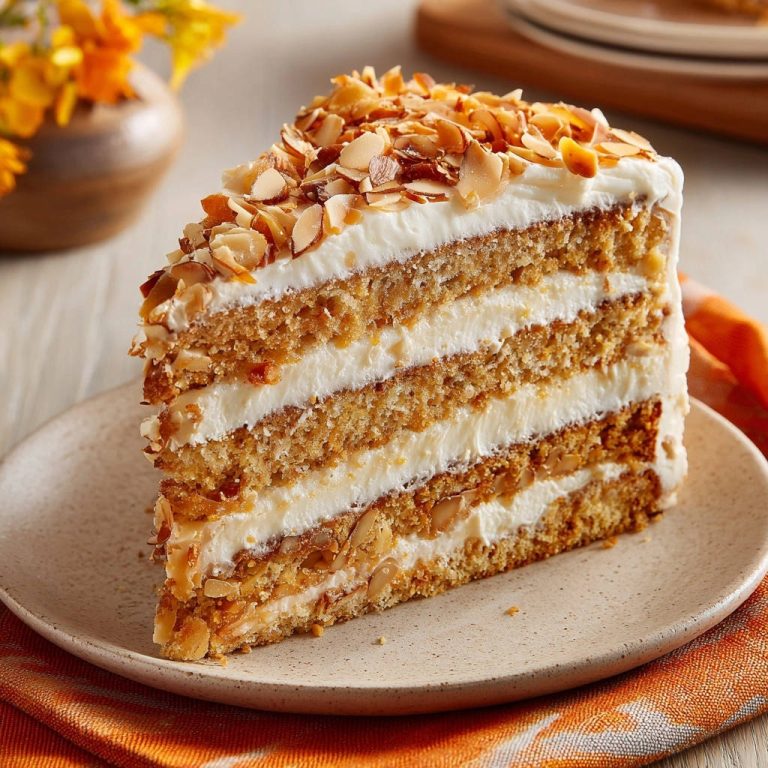 Saftiger Mandelkuchen mit Frischkäse-Creme als Anschnitt mit vielen Schichten und gerösteten Mandeln obendrauf.